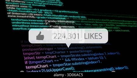 Displaying speech bubble covering code on editor screen, with thumbs-up icon and likes count Stock Photo
