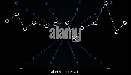 Displaying white dotted-line graph nodes over dark grid in 3D data space, with blue numeric labels Stock Photo