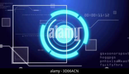 Displaying interface with glowing HUD rings and scanning frame, lines, squares and timestamp text Stock Photo