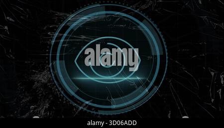 Displaying stylized digital eye icon on grid display, with segmented UI circles and glitch lines Stock Photo