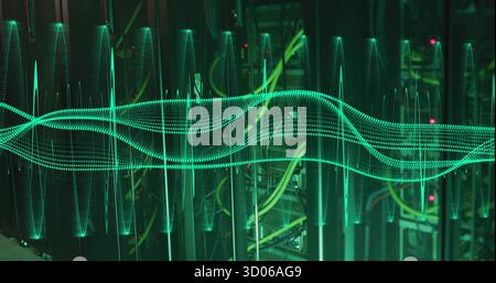 Displaying server racks streaming data in data center, with patch cables, LEDs and waveform overlay Stock Photo