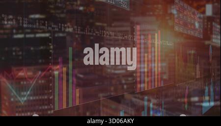 Displaying market overlay floating over downtown night skyline, with bar charts line graphs tickers Stock Photo