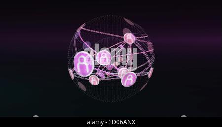 Floating network globe showing glowing user-profile icons linked by dotted lines in digital space Stock Photo