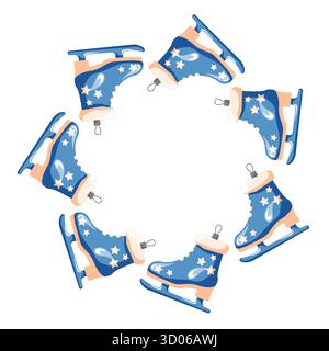 Blue skates Christmas ornament tree toy arranged in a circular wreath pattern on a white background in cartoon style. Stock Vector