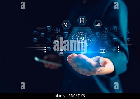 Businesswoman interacts virtual graphic interface, global AI chatbot by futuristic AI tech, artificial intelligence respond to command prompt, generat Stock Photo