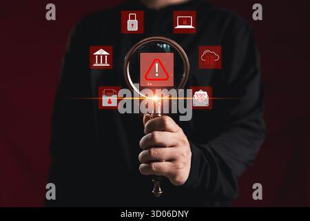 Cyber security warning alert system concept. computer network compromised illegal connection, exposing data, software, such virus, facilitate hack com Stock Photo
