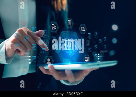 Businesswoman interacts virtual graphic interface, global AI chatbot by futuristic AI tech, artificial intelligence respond to command prompt, generat Stock Photo