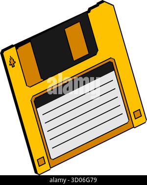 Yellow floppy disk in pixel art style with 3D effect. Retro computer storage. Vector illustration. Stock Vector