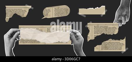 Halftone hand holding piece of newspaper vintage collage, Torn scrap of paper news retro banner, Vecton illustration Stock Vector