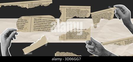 Halftone hand holding piece of newspaper vintage collage, Torn scrap of paper news retro banner, Vecton illustration Stock Vector