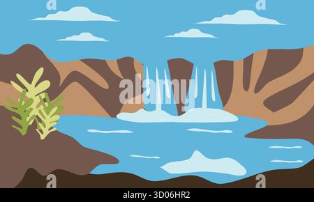 Beautiful digital illustration of a peaceful waterfall cascading down a high cliff surrounded by lush forest and misty mountains. Perfect for nature, Stock Vector