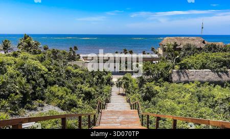 Tulum, Quintana Roo, Mexico, Beach with a wooden walkway leading to a building. The walkway is surrounded by trees and the ocean Stock Photo