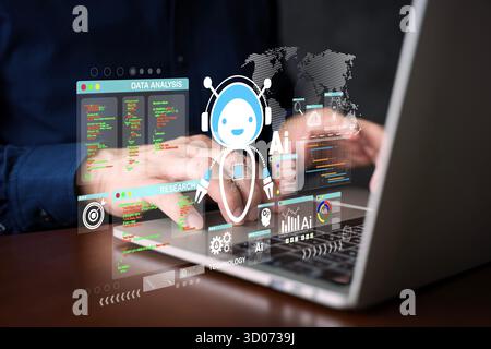 A digital AI robot analyzing data and research on a laptop computer, representing artificial intelligence, machine learning, and futuristic data techn Stock Photo
