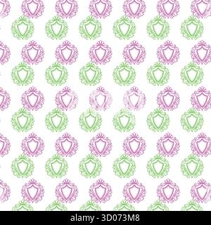 Pattern of magenta and green ornate emblems Stock Vector