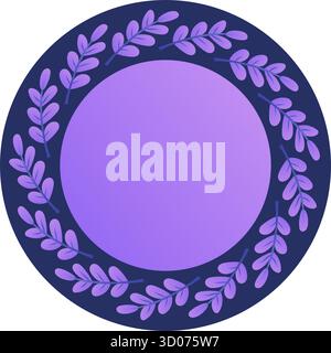 Decorative purple circular frame with laurel leaves in a flat graphic style on a dark background, elegance and celebration Stock Vector