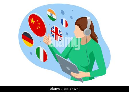 Isometric illustration of woman with headphones learning foreign languages online using AI assistant. Global education and digital communication Stock Vector