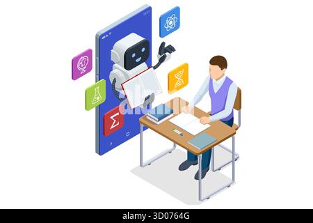 Isometric AI robot teaching male student through digital screen. Concept of online education, eLearning and artificial intelligence tutoring. Stock Vector