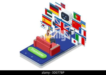 Isometric robot translator helping woman choose language between flags on smartphone screen. Artificial intelligence, multilingual communication and Stock Vector