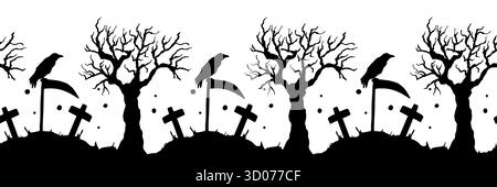 Seamless Halloween border with images of cemetery, crosses, scythe of death, crow, trees. Silhouettes of tombstones, seamless horizontal background for festive banners, decorative ribbon, invitations. Stock Vector