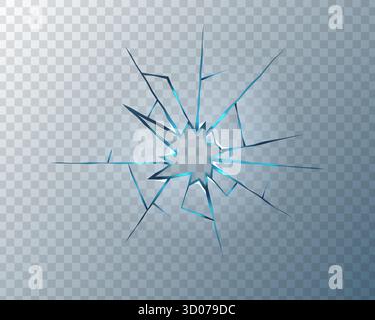 Realistic shattered glass texture with sharp cracks and bullet holes. Transparent broken window background with fracture and crash effect. Abstract 3D Stock Vector