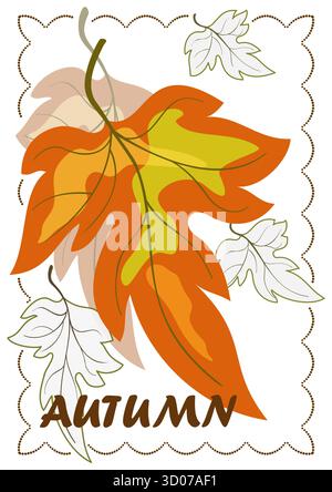 Falling leaves on white background. Orange green leaf. Silhouettes of beautiful curved maple leaves. Autumnal leaves greeting card. Frame of ornament. Stock Vector