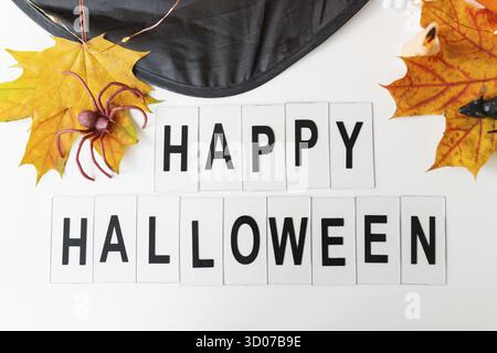Happy Halloween lettering isolated on white background, holiday and party concept. Against the background of a spider, a mouse, a hat, yellow leaves Stock Photo