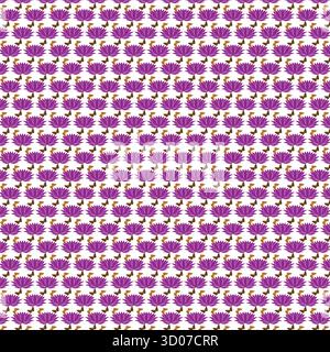 Elegant seamless repeating floral pattern featuring purple decorative flowers with golden botanical details on a white background. Ideal for fabric pr Stock Vector