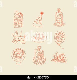 Birthday party elements with the inscription cake, hat, piñata, hot dog, balloon, pizza, dessert drawing with orange on beige background. Stock Vector