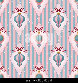Coquette Style Seamless Christmas Pattern with Ornaments, Bows, Frames on a Striped Background. Cute Vector Illustration. Stock Vector