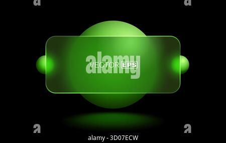 Sleek glowing green glassmorphic rectangle with spheres on a dark background, creating a futuristic design element. Vector illustration Stock Vector