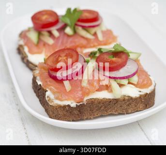 Two healthy open sandwiches in plate on wooden background Stock Photo