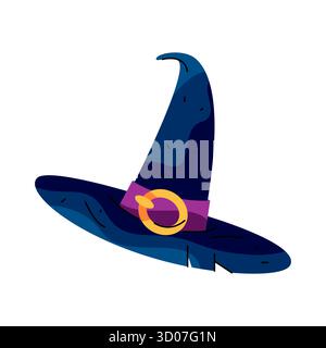 Magic headwear or wizard hat, witch costume element. Vector apparel or clothing for sorcerer. Headgear for spellcaster. Halloween cosplay symbol with brim. Event costume icon. Magician head cone Stock Vector