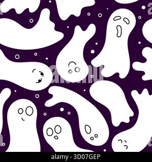 Ghosts pattern vector. Cute Halloween seamless background October 31. Purple and white spooky pattern. Stock Vector