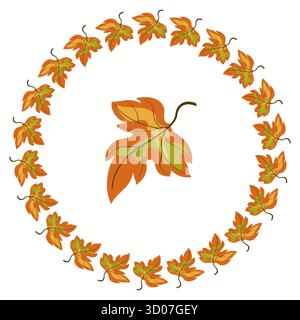 Round frame of orange leaves on white background. Round floral autumn vector illustration. Notebook page decorated with autumnal leaves. Holiday card Stock Vector