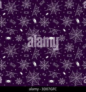 Spider web pattern. Halloween vector seamless background with cute spiders. Purple and white spooky pattern. Stock Vector