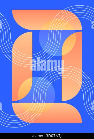 Vertical abstract with rounded modular shapes and translucent circles on a vivid blue field crossed by thin white wave lines. Stock Vector
