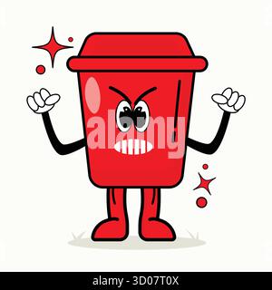 Angry cartoon red trash bin character design. Perfect for campaigns about waste management and pollution awareness Stock Vector