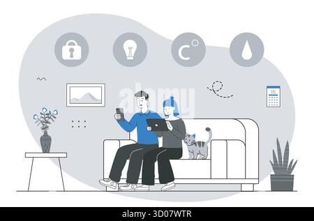 Couple using smart home devices on sofa. Vector illustration Stock Vector