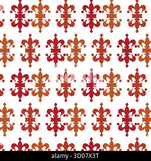 A repeating seamless pattern featuring stylized fleur-de-lis symbols in alternating shades of red and orange, arranged in a grid on a white background Stock Vector