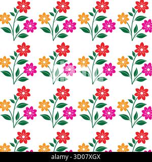 A vibrant seamless pattern featuring repeating bouquets of red, orange, and pink flowers with green leaves on a white background. Stock Vector