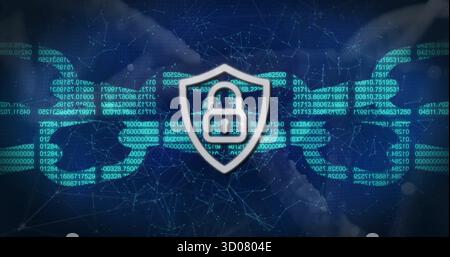 Glowing shield emblem displaying padlock icon hovering over world map, streaming code and hex grid Stock Photo