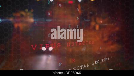 Displaying red VIRUS D3TECTED alert overlaying car lights on night street, with hex grid and code Stock Photo