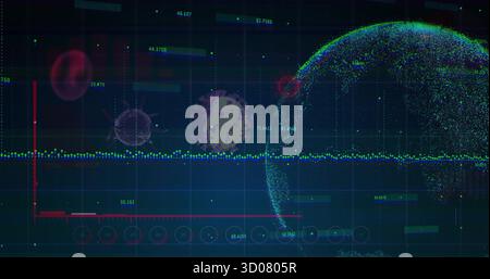 Displaying dot-matrix globe on data dashboard, with virus icons, gridlines, data stream, copy space Stock Photo