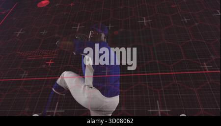 Baseball pitcher winding up in simulation with red grid overlay, blue cap, brown glove Stock Photo