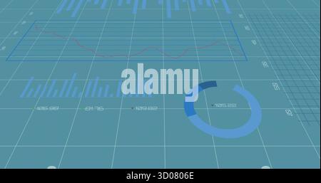 Displaying dashboard combining line chart, bar chart, donut chart with numeric labels on 3D grid Stock Photo