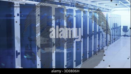 Displaying server cabinets with network gear in data center corridor with globe overlay, copy space Stock Photo