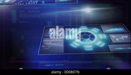 Displaying neon-blue interface with data arcs and graphs in command center, with holographic panels Stock Photo