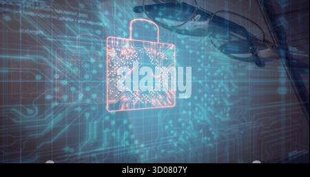 Hovering neon padlock hologram in office, showing circuit schematic, glasses, grid of glowing nodes Stock Photo