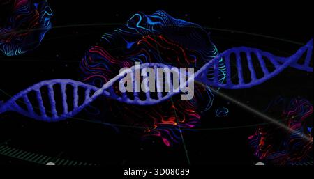 Floating blue DNA double helix strand moving across virtual space, with neon waveforms and streaks Stock Photo