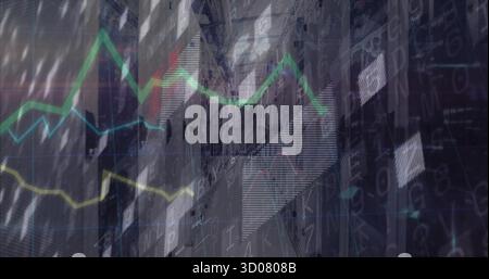 Colored line charts and alphanumeric data streaming through server rack corridor, with grid lines Stock Photo